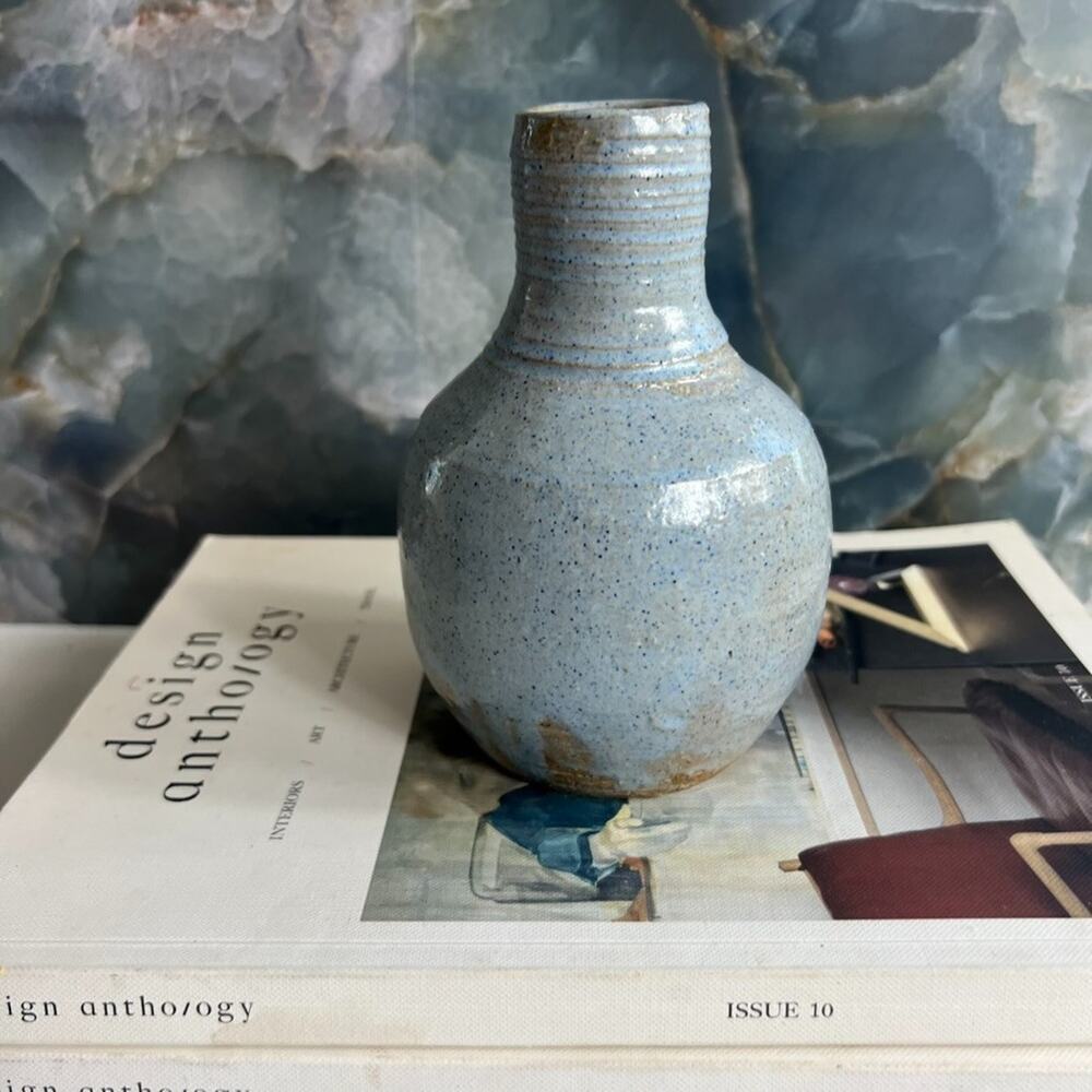 Studio Art Pottery Vase 5.5" Blue Speckled Glossy Finish Handmade & Signed